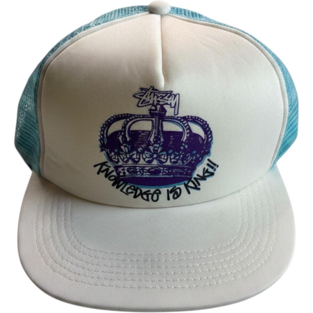 Stussy Knowledge Is King Crown Trucker Hat‎ White Teal Snapback Cap Streetwear